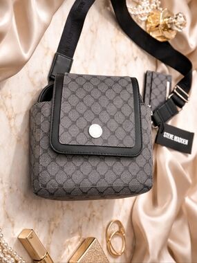 Steve Madden Gray-Brown Patterned Messenger Bag with Black Strap